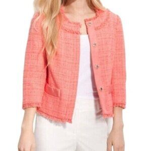 Trina Turk Blazer‎ Jacket Size 6 Tammie Tweed Fringe Trim Coral Orange